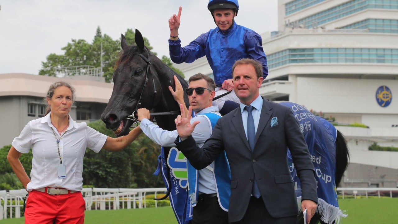 Charlie Appleby (right) and jockey William Buick with Rebel’s Romance after his Champions & Chater Cup victory.