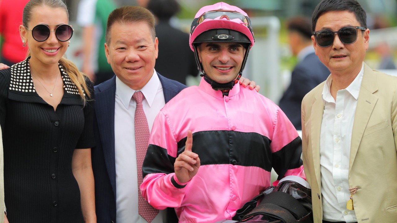 Trainer Manfred Man (second from left), jockey Andrea Atzeni and connections of Gold Master celebrate.