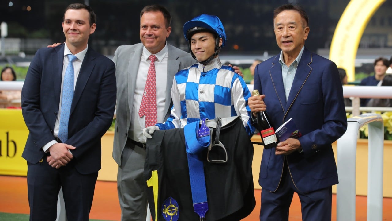 From left to right, Ronan Fownes, his father Caspar, apprentice Ellis Wong and owner James Tien Pei-chun celebrate Sugar Sugar’s win.