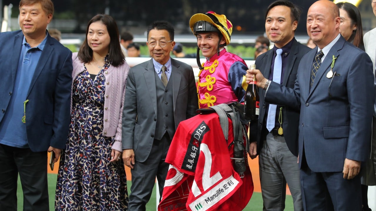 Trainer Me Tsui (third from left), jockey Maxime Guyon and connections of The Auspicious are all smiles.