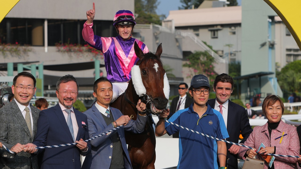 Jockey Luke Ferraris and connections of Happy Boss lap up his Sha Tin triumph. Photos: Kenneth Chan