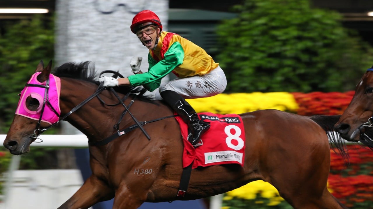 Lyle Hewitson celebrates after booting home Speed Dragon in the January Cup.