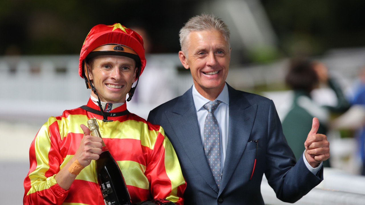 Mark Newnham and jockey Lyle Hewitson celebrate New Forest’s win in October. Photos: Kenneth Chan