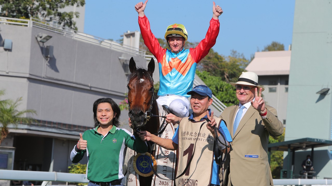Trainer David Hayes (right) celebrates Ka Ying Rising’s Centenary Sprint Cup blitz last month. Photos: Kenneth Chan