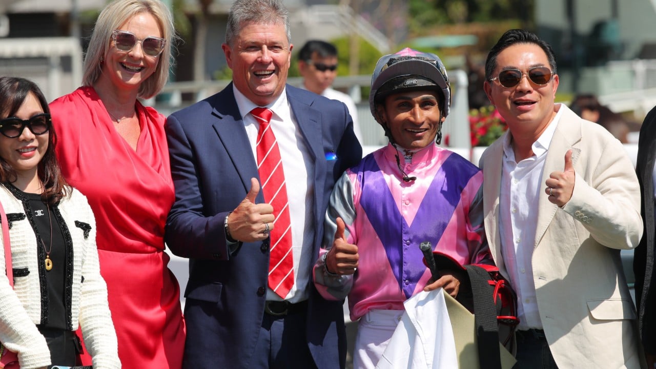 Brett Crawford (centre) celebrates his latest winner, Gor Gor, at Sha Tin.