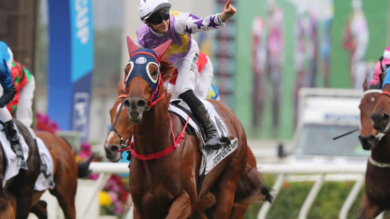 Harry Bentley salutes after guiding Stormy Grove to victory.