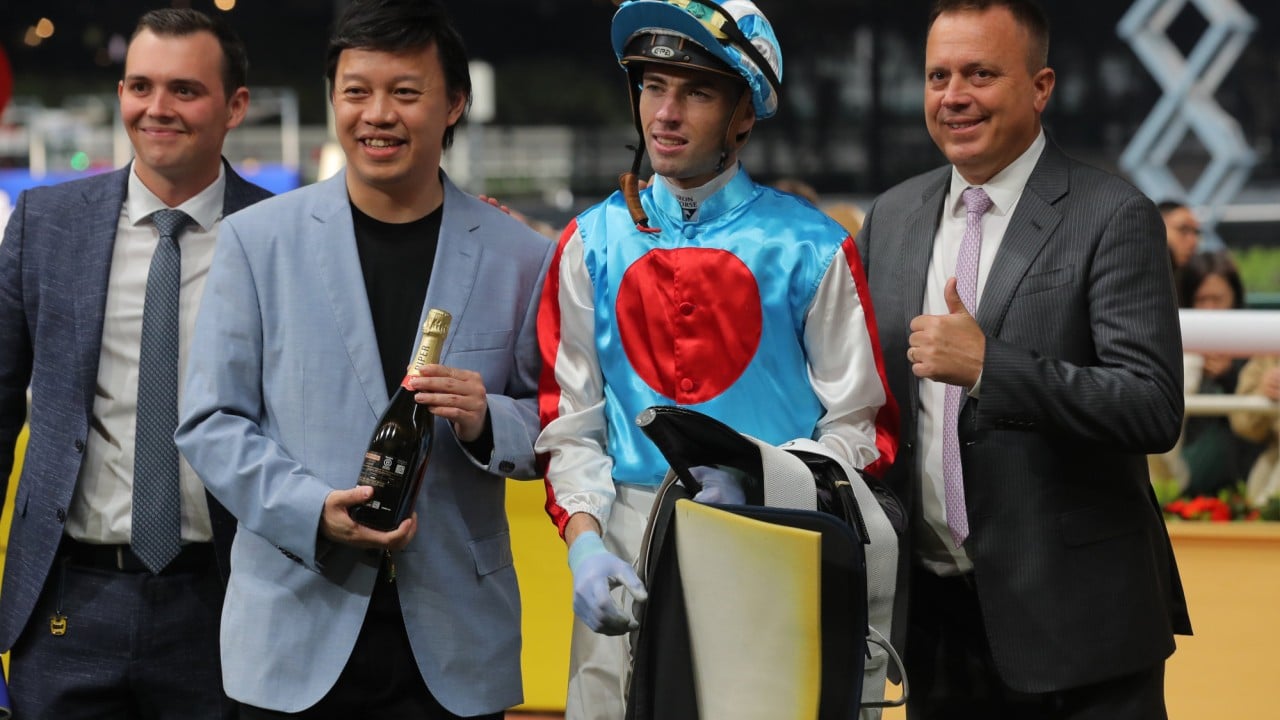 Trainer Caspar Fownes (right), jockey James Orman and connections of Somelovefromabove celebrate his latest Valley victory.