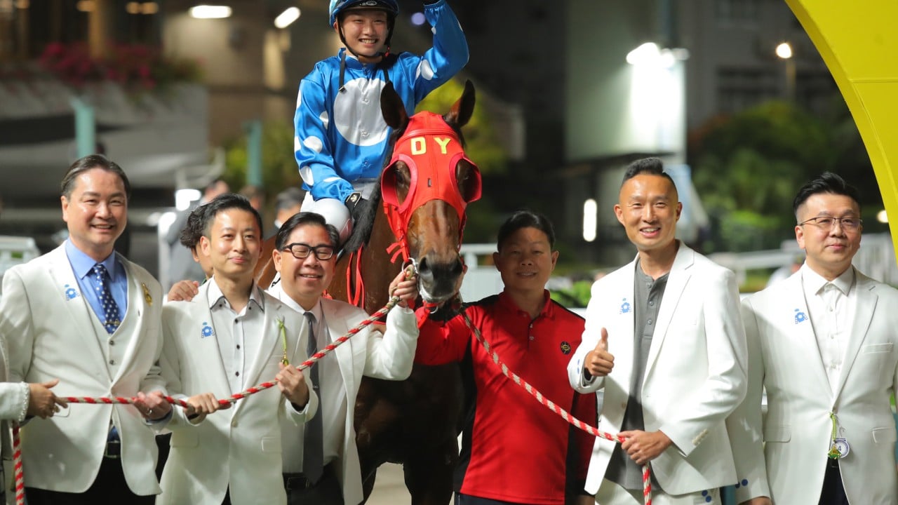 Nichola Yuen celebrates her first win in Hong Kong on Pi Legend.