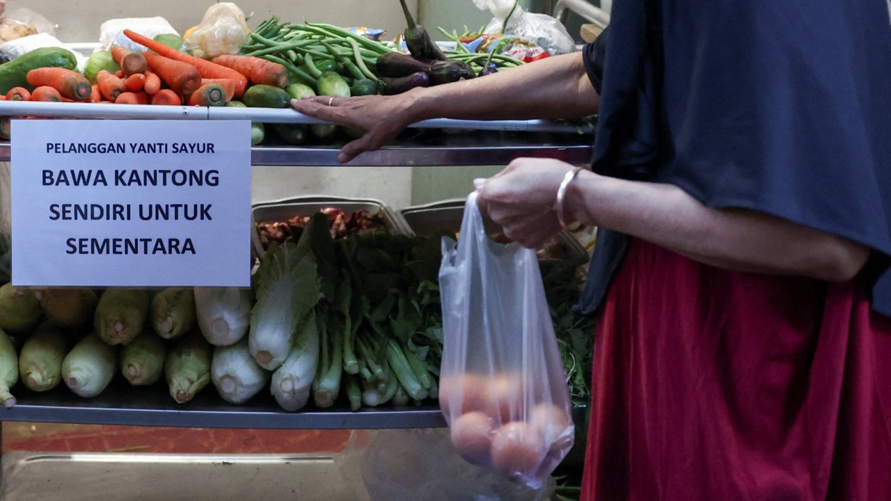A woman shops for vegetables in Depok, Indonesia, earlier this month near a sign asking customers to bring their own shopping bags. Photo: Reuters