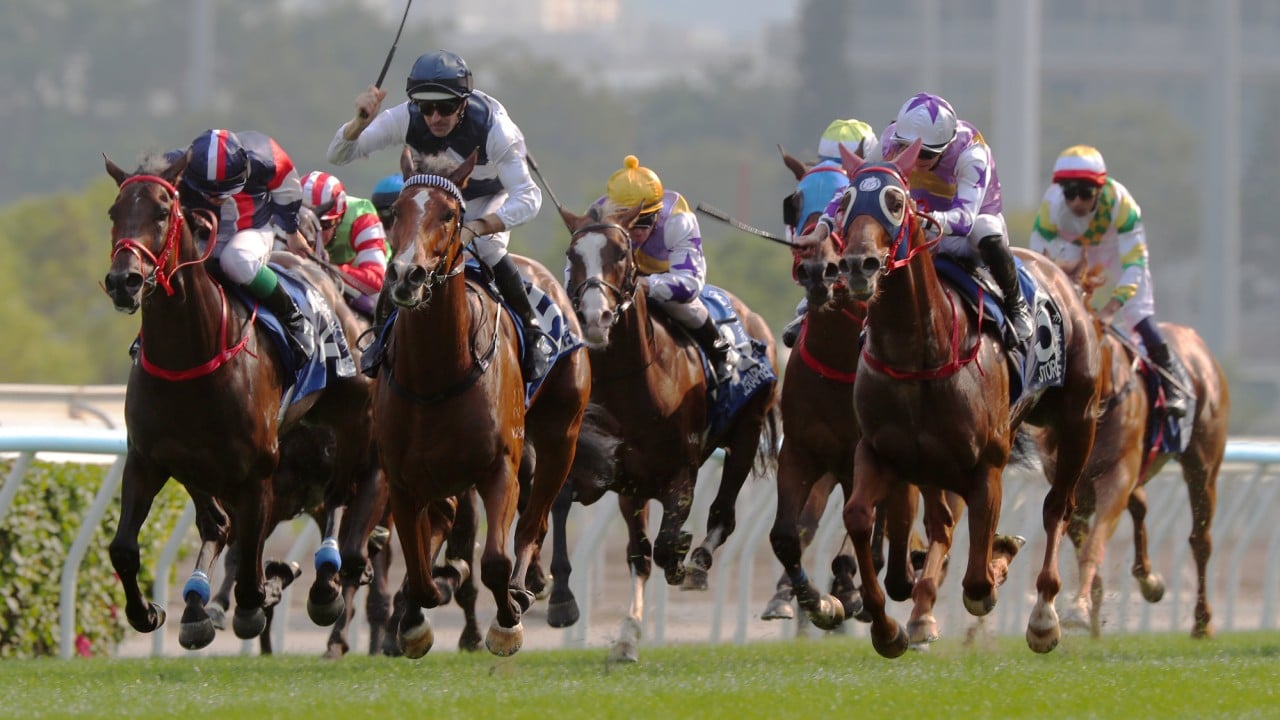 Stormy Grove (right) lashes home in the Derby at Sha Tin.