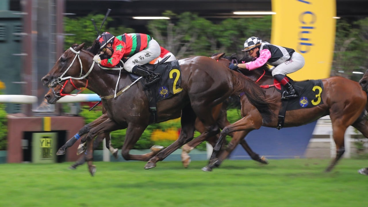 Tycoon Resources, ridden by Angus Chung, scores on the line at Happy Valley.