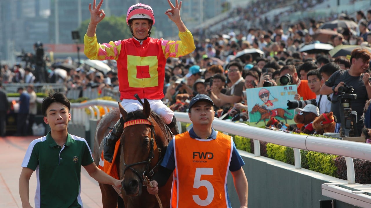 Hugh Bowman celebrates his latest Group One triumph courtesy of My Wish in the Champions Mile.
