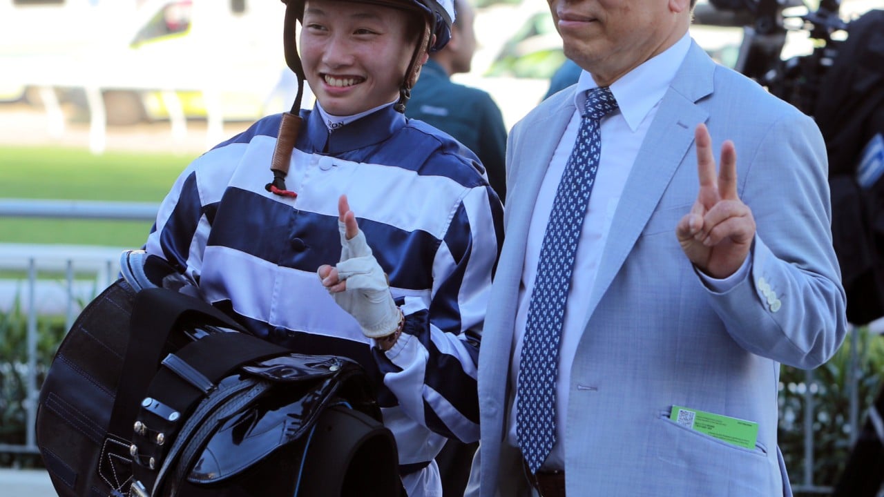 Nichola Yuen and trainer Ricky Yiu celebrate their Sha Tin double.