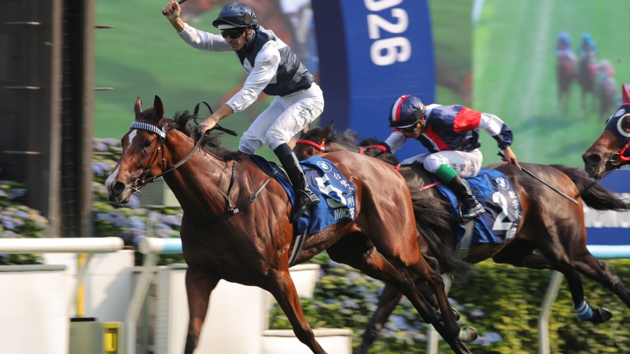 Hugh Bowman guides Invincible Ibis to victory in the Hong Kong Derby.