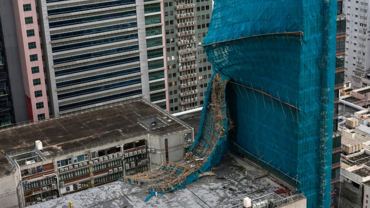 Scaffolding collapses as Typhoon Noul approaches Hong Kong