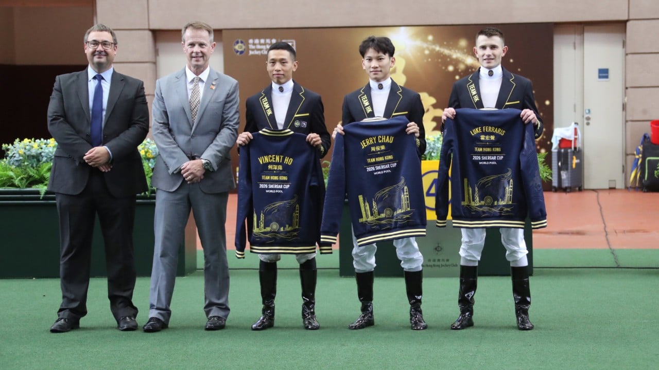 Nick Smith, Andrew Harding, Vincent Ho, Jerry Chau and Luke Ferraris during the announcement of Team Hong Kong for the Shergar Cup 2026. Photo: Kenneth Chan