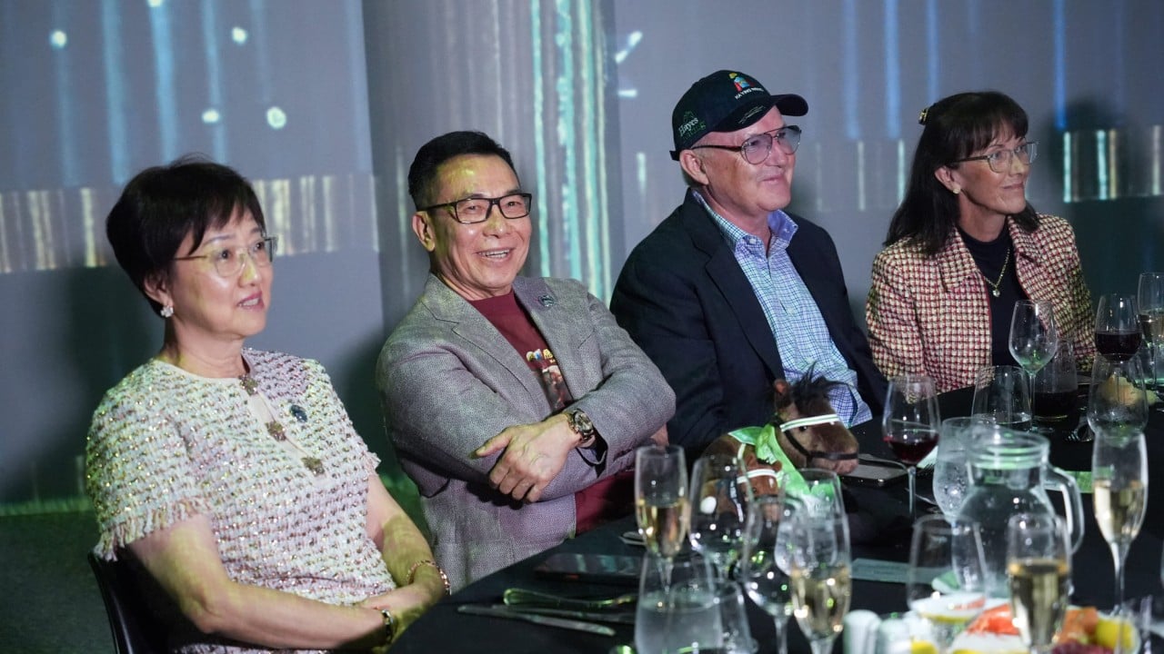 Owner Leung Shek-kong (second from left) and trainer David Hayes (second from right) at Tuesday night’s The Everest barrier draw in Sydney. Photo: HKJC