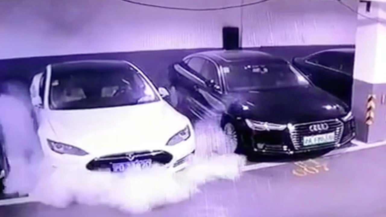 Shocking moment Tesla Model S explodes in a Chinese car park