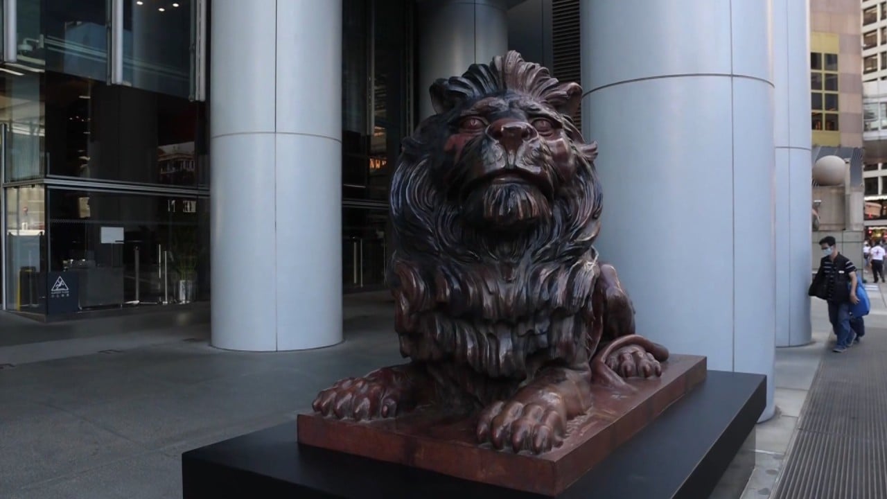 HSBC’s lions back on display in Hong Kong after repair of New Year vandalism damage