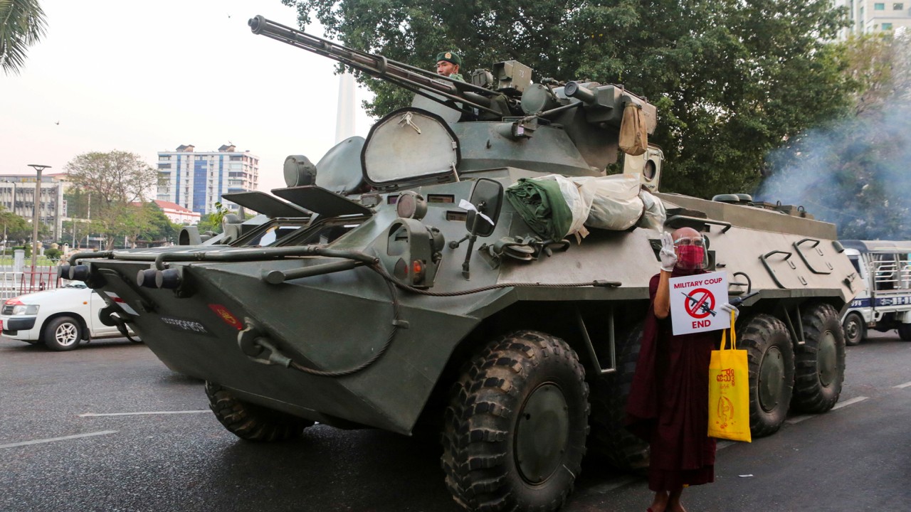 Myanmar coup: junta cuts internet as troops open fire to break up protest 