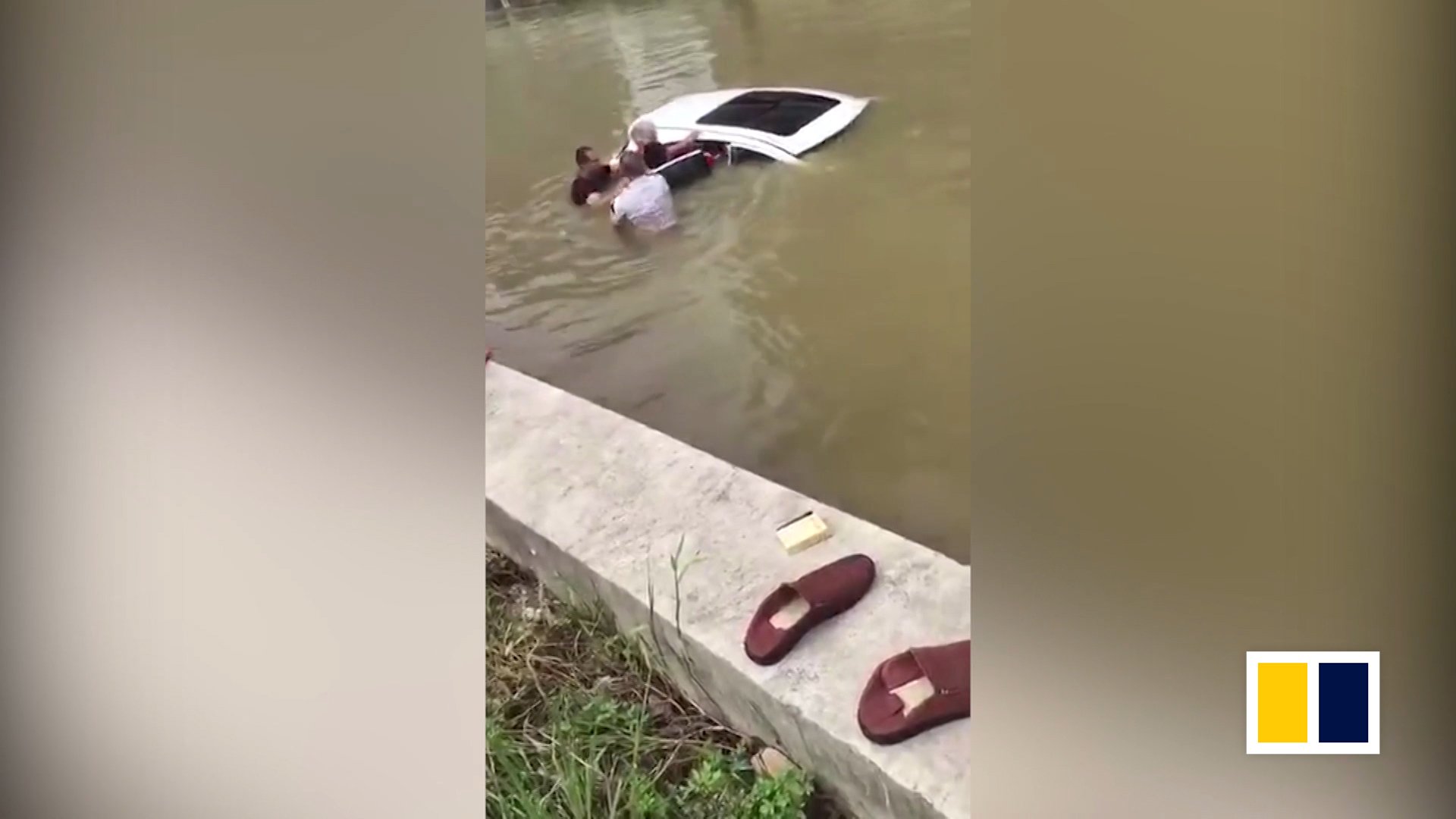 Passers-by rescue people trapped in car in river