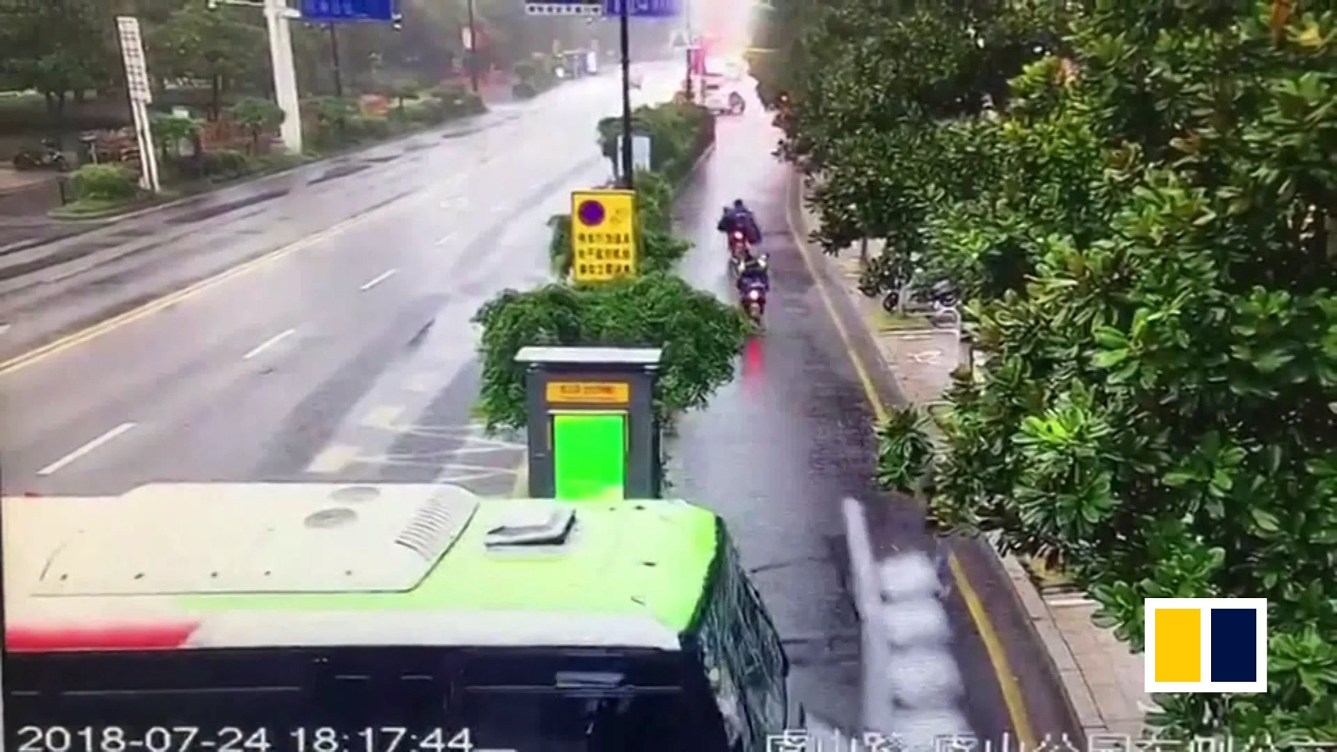 Out-of-control bus almost hits woman
